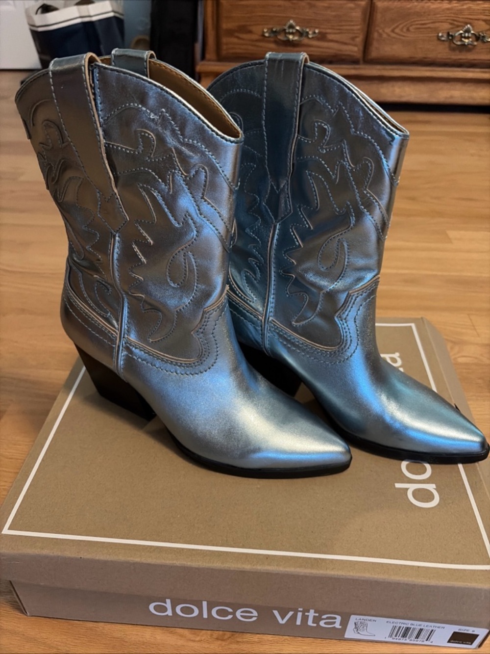 Dolce Vita Metallic Blue Western Ankle Boots